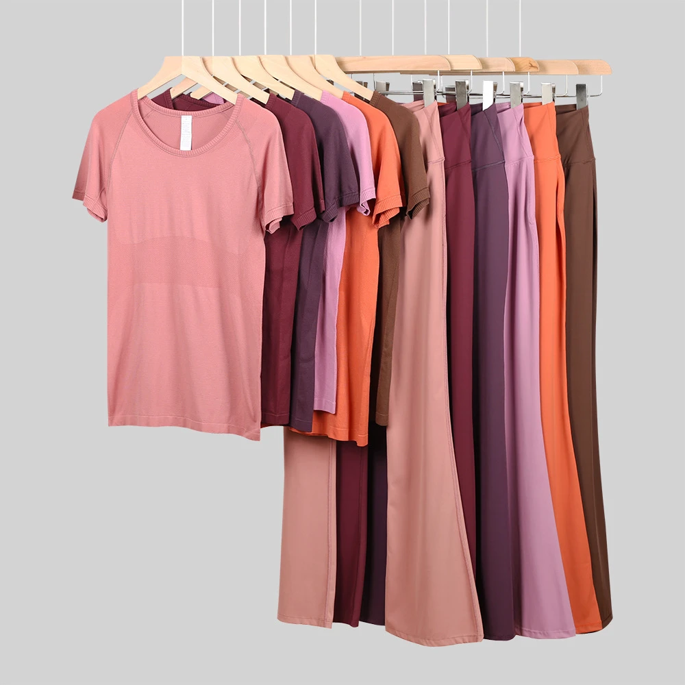 Women's Solid 2-Piece Yoga Set Short Sleeve Sports T-Shirt & Flared Pants Active Stretch Breathable Comfortable Gym Outfit