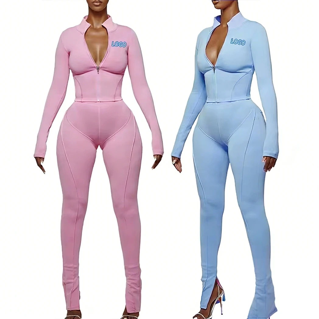 Huili Custom High Stretch Zip Up Crop Top And Leggings Sports Wear Pants Skinny Tracksuit Gym 2 Piece Set Tracksuits For Women