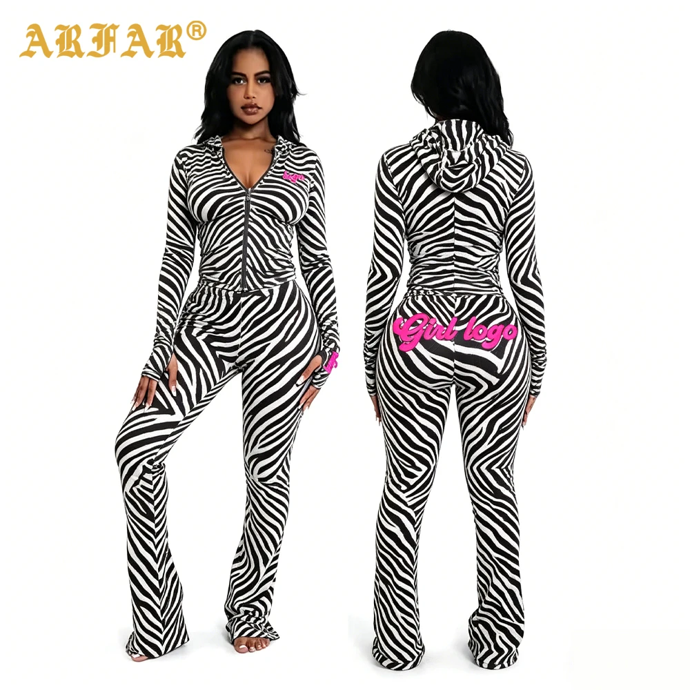 Customize zebra Print Women Workout Sets Y2k Zipper up Hoodie Jacket Seamless Flare Leggings High Quality Yoga Sets for Women
