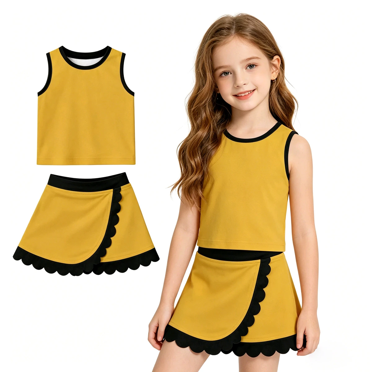 Custom Athletic Wear Colorful Play Tennis Cheer Game Baby Girls Shirt Vest Scallop Edge Skirt Shorts Liner Skorts Outfits