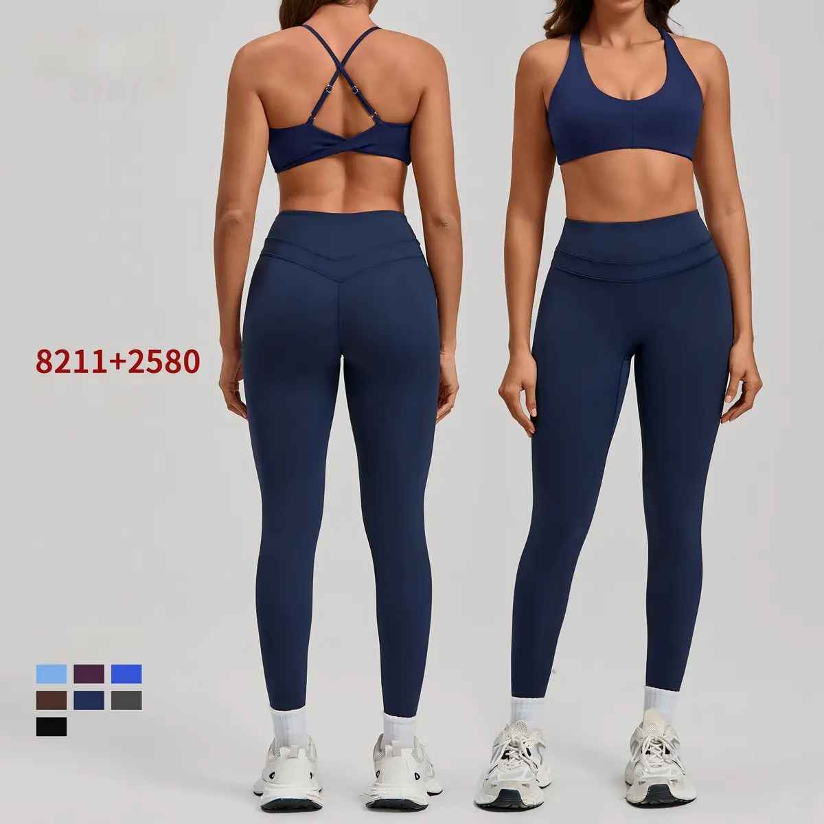 Women's breathable and sweat-wicking nylon bra and high-waisted leggings sportswear set for fitness, running, and shopping.