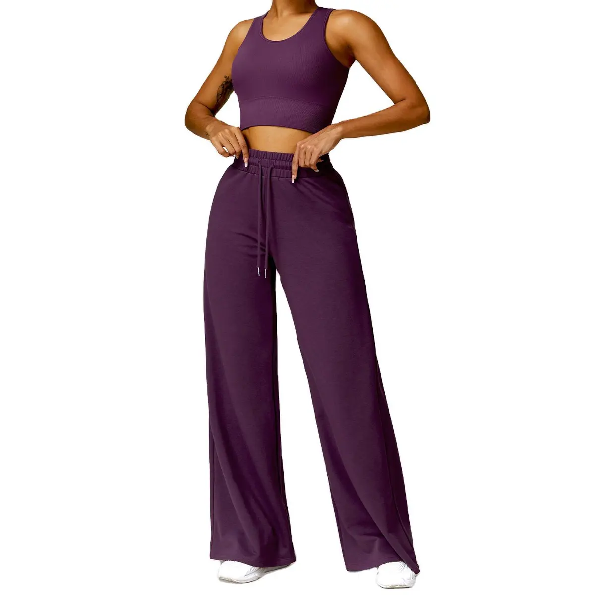 Two Piece Yoga Set Crop Top High Waist Wide Leg Pants Sleeveless Racerback Solid Color Breathable Elastic Waist Twist