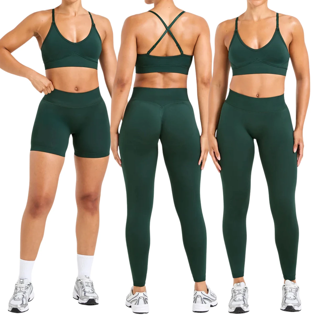 Womens 3 Piece Activewear Sets Sports Bra Workout Shorts High Waisted Leggings Seamless Squat Proof 4 Way Stretch Custom Logo
