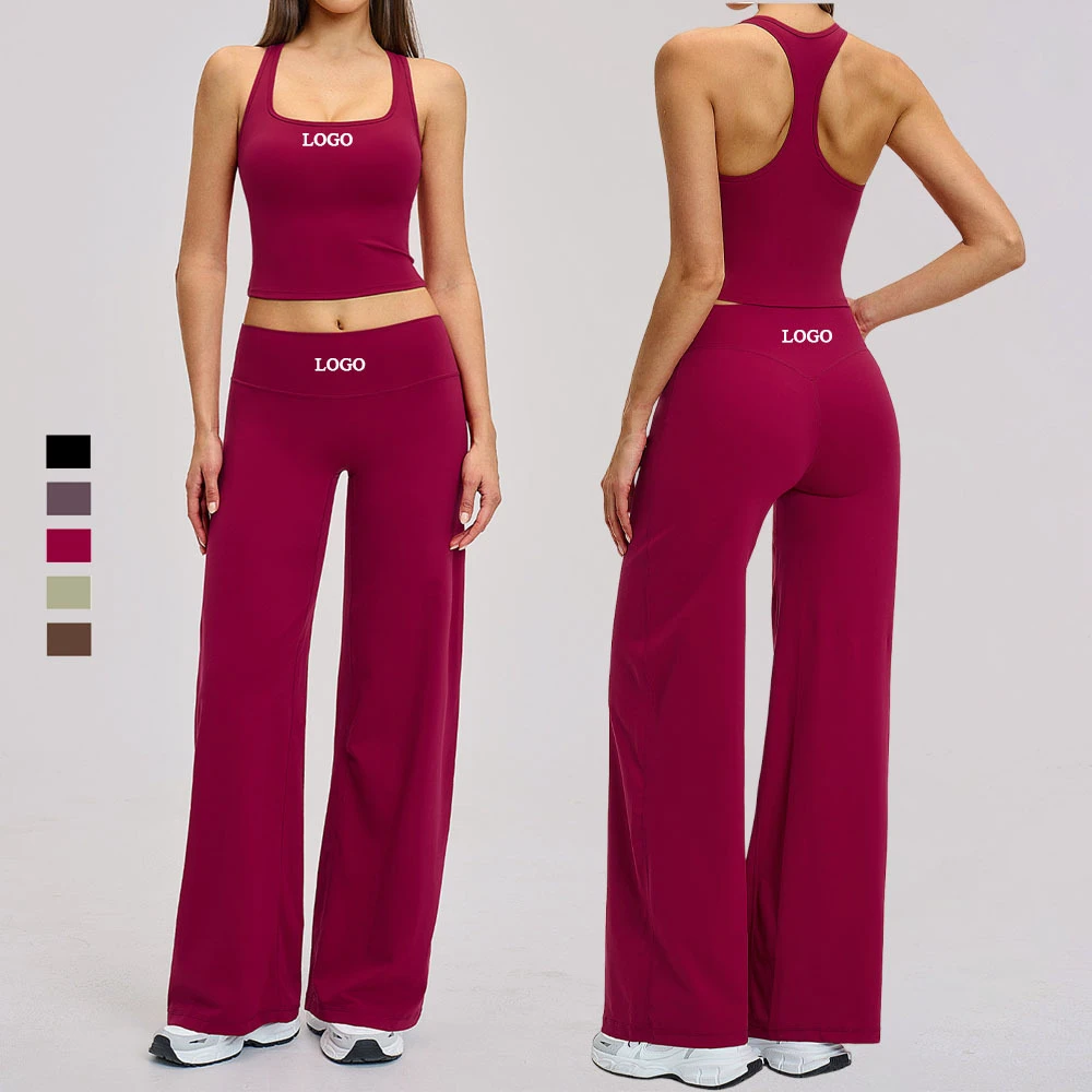 Custom Eco-Friendly Recycled 4-Way Stretch Racerback Gym Sports Tank Top Wide Leg Yoga Pant High Waist Fitness Leggings Yoga Set