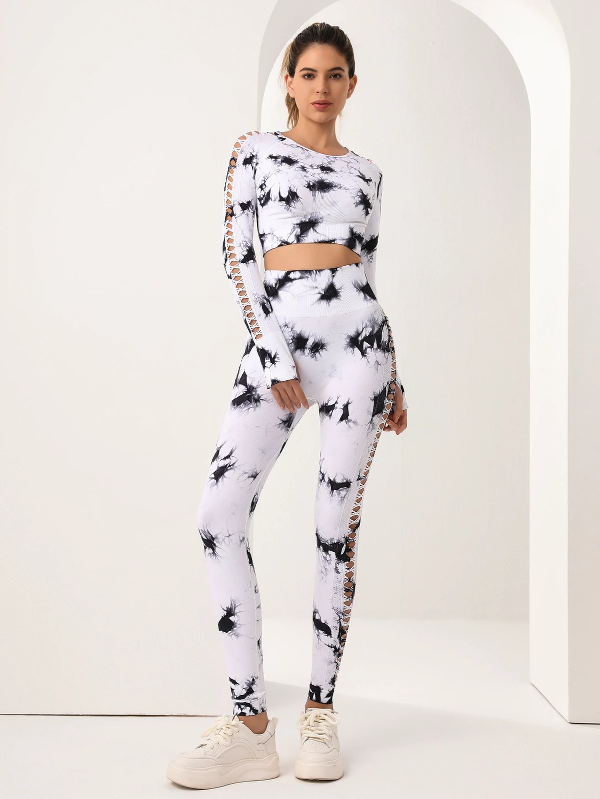 Tie-dye Reversible Lightweight Seamless Yoga Pants Two-piece Set High-Waisted Side Cutout Crop Top with Peach Hip Sports Suit