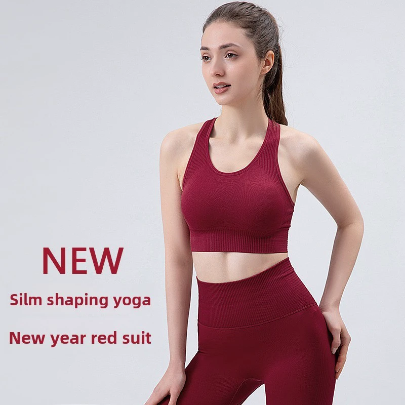 Women's Red Two-piece Breathable for Fitness Suit for Running Outdoor Yoga Beautiful Back Shock Absorption High Waist Tummy