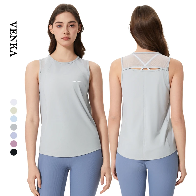 Women Summer Sports Tank Top Thin Mesh Hollow Out Top Sleeveless Crew Neck Quick Dry Breathable Workout Gym Round Neck Yoga Wear