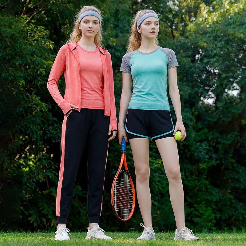 Wholesale Custom Women's Adult 5-Piece Sports Set Long/Short Sleeve Running Jacket Yoga Harem Pants Polyester High Elastic