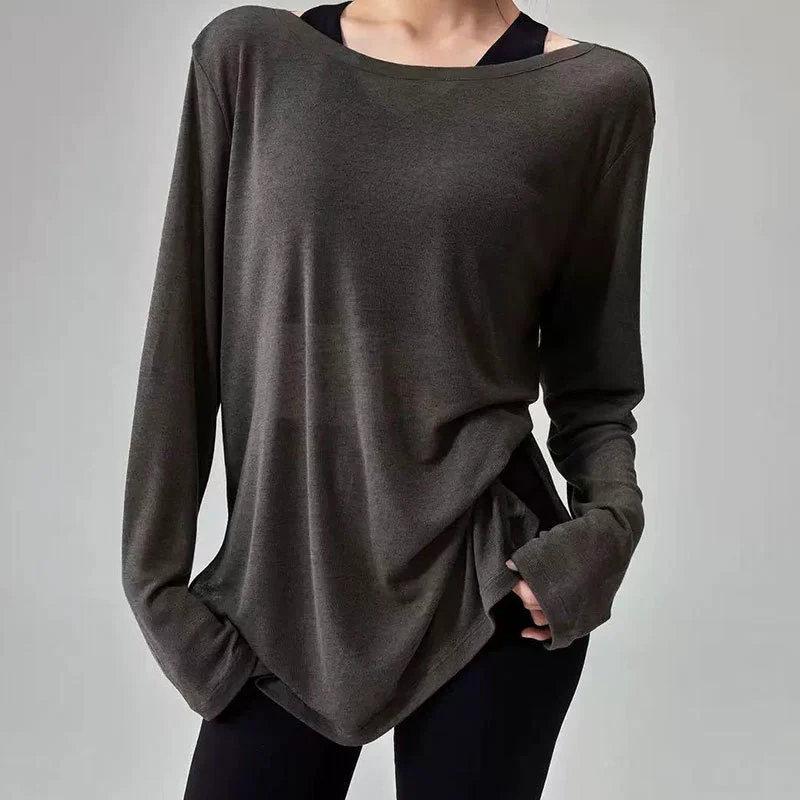 Women Loose Yoga Cover Top Long Sleeve Breathable Running Fitness TShirt Activewear Gym Workout Sportswear OEM Factory Front