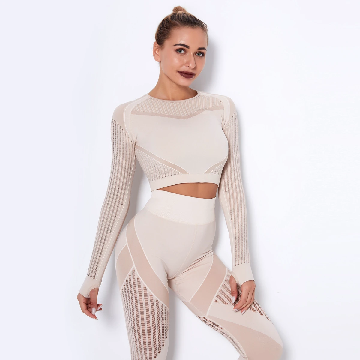 Women Fashion 5 Colors Seamless Lightweight Breathable Four-Way Stretch Quick Dry Spandex/Nylon Skinny Fit Long Sleeve Yoga Top