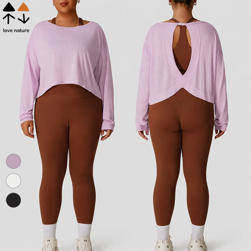 Plus Size Curvy Women Yoga Workout Top Boat Neck Open Back Long Sleeve Skin Friendly Breathable Silky Smooth Activewear Shirt