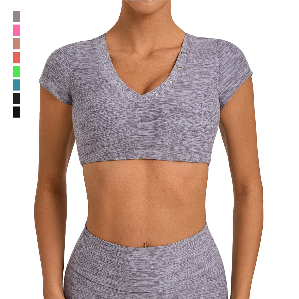 Women's Yoga Crop Top V-Neck Short Sleeve Lightweight Breathable Polyester Spandex Four-Way Stretch Active Stretch Solid Quick