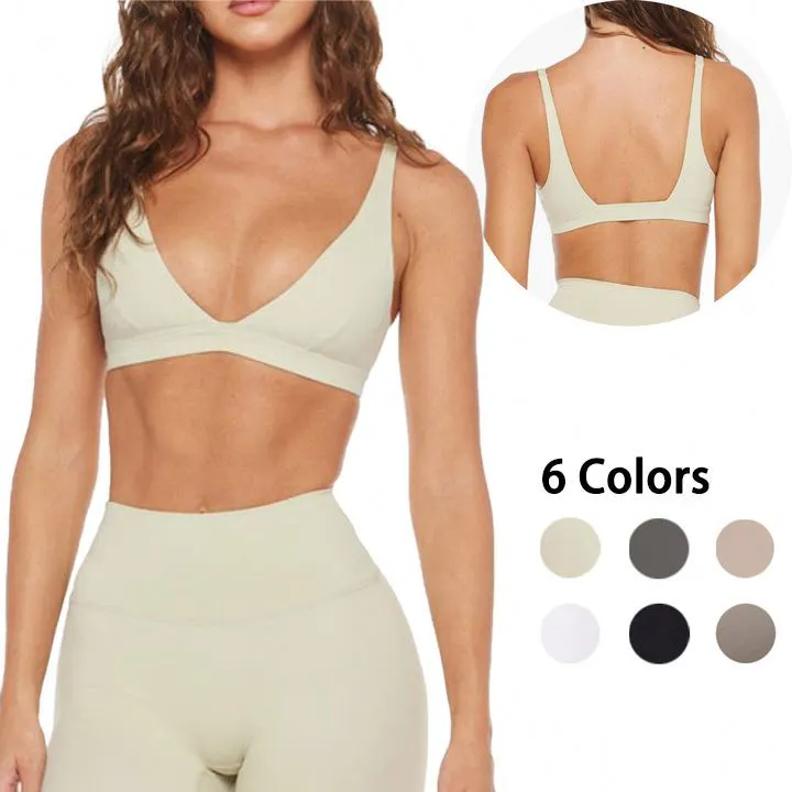 Women's Slim Fit Sports Bra With Padded V Cut Cross Waist Low Impact Spaghetti Strap Gym Top Plus Size Breathable Solid Yoga Bra