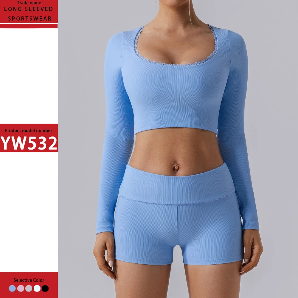 Quick Dry Breathable New Sexy Round Neck With Lace Gym Yoga Yoga Gym Top Bra Fitness Workout Long Sleeves Running T-Shirts Tops