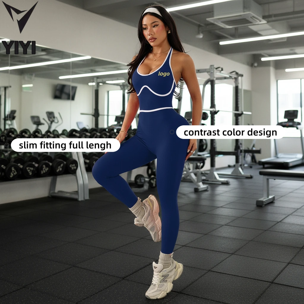 Hot Selling Women Contrasting Color Backless Yoga Sport One Pieces Bodysuits Full Length Gym Workout Fitness Clothes Jumpsuits