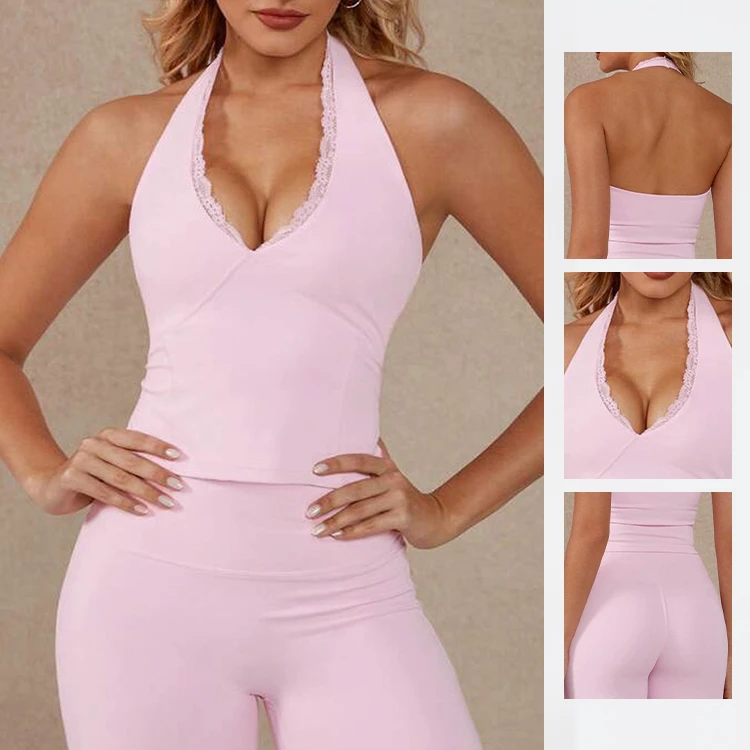 Yoga Tank Top V-Neck Halter Straps Built-in Padded Cups Lift Support Slimming Silhouette Solid Plus Size Bare-Back Design