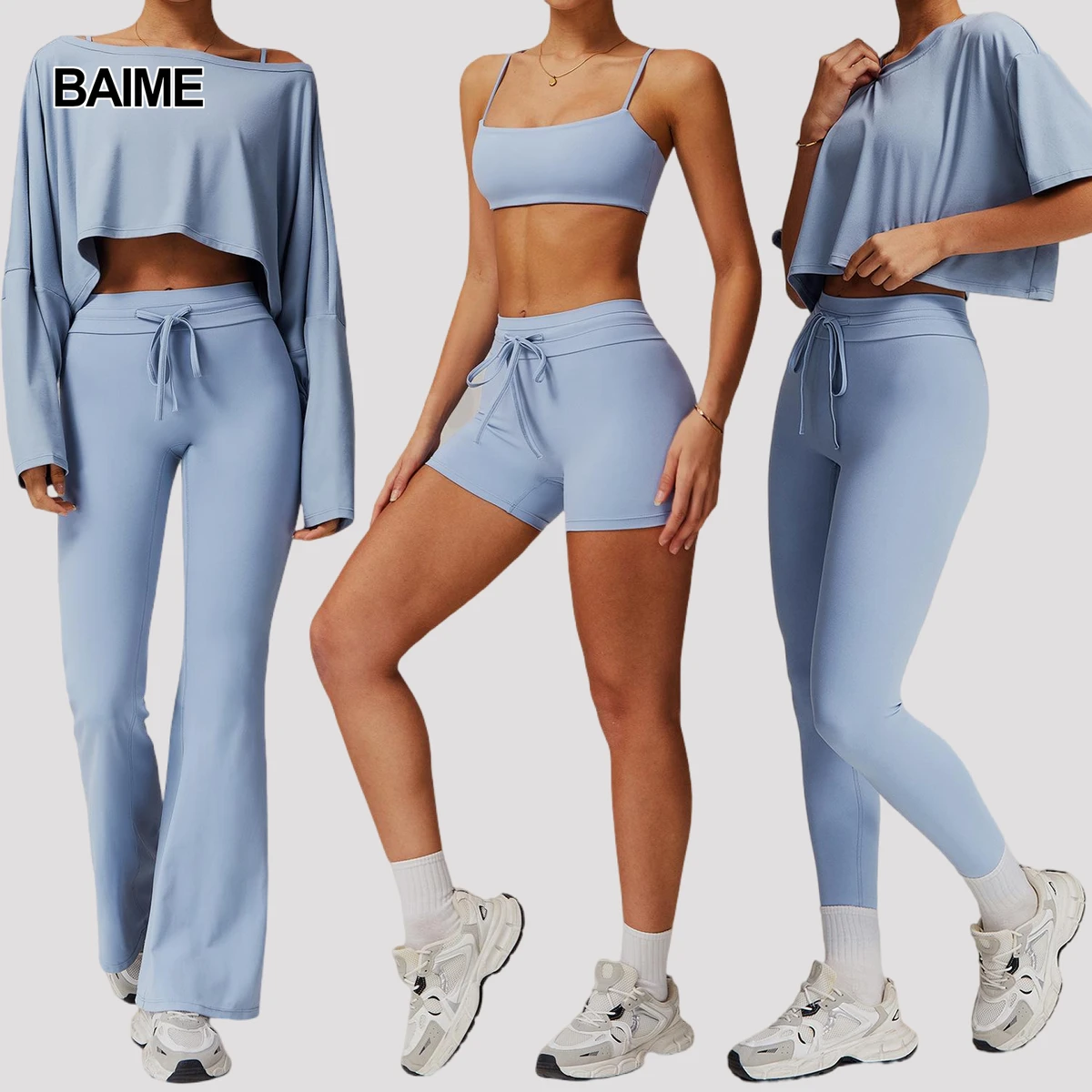 2025 New High Waist Yoga Suit Lightweight Breathable Waterproof Running Tie Pants Sports Bra Shorts 6pcs Set Plus Size Quick Dry