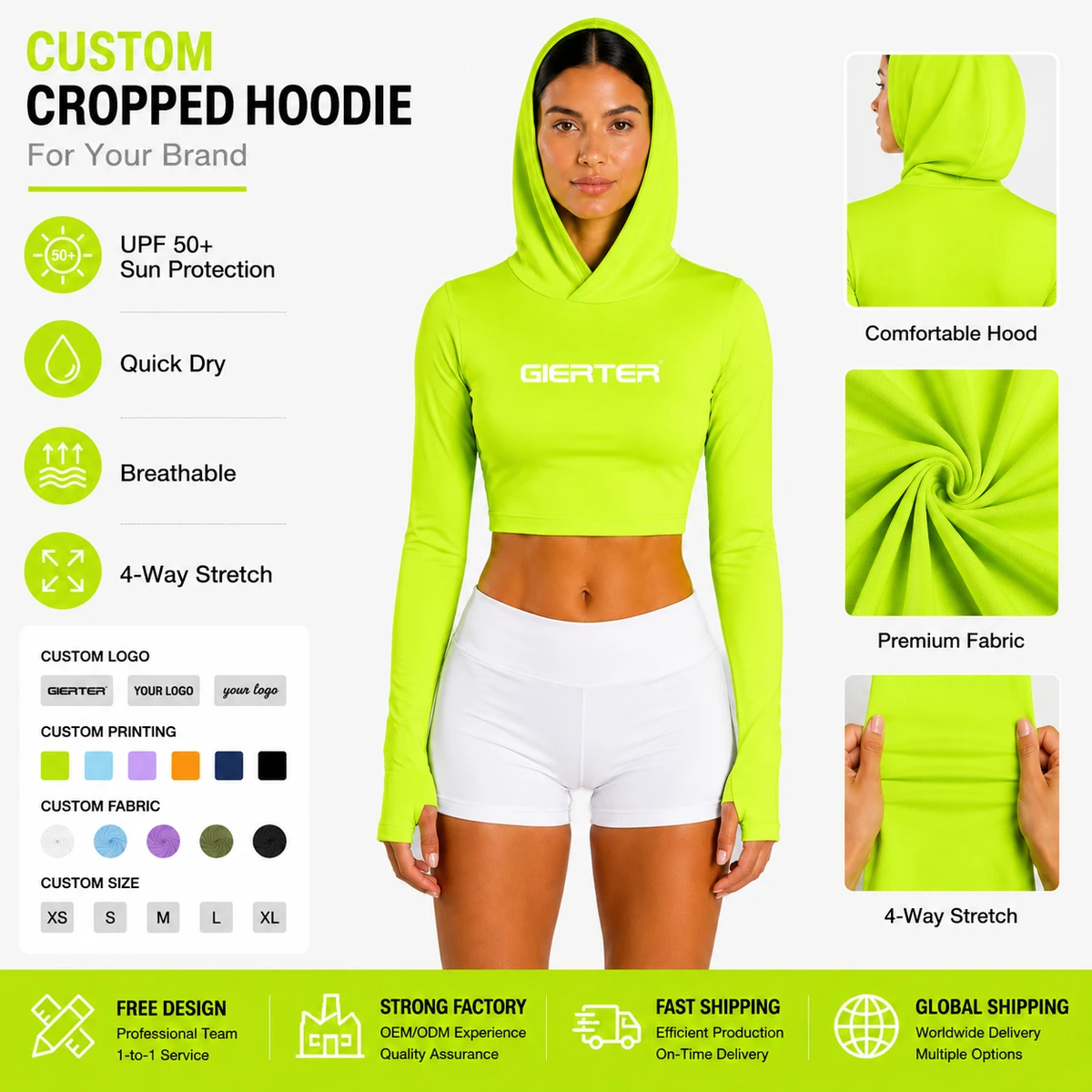 Custom Sun Protection Hooded Fishing Shirts Neon Colors UPF50+ Quick-Dry Cropped Rash Guard Women's Surf Swim Crop Tops
