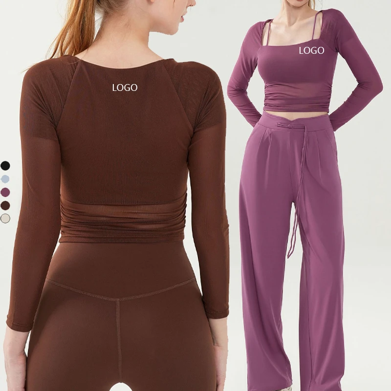 XW-MZ-177 Wholesale Side Waist Pleats Soft Long Sleeves Breathable Fixed Bra Pads Comfortable Yoga Top for Women