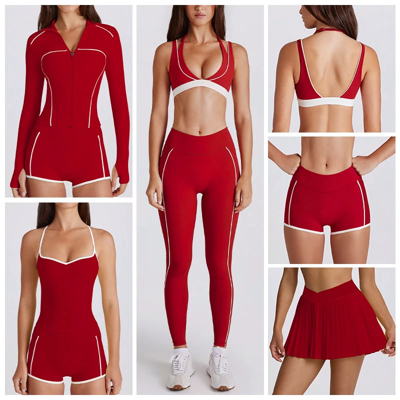 Color Block Yoga Set Women 6PCS Activewear with Sports Bra Top Jacket Skirt Shorts Pants Gym Fitness Outfit