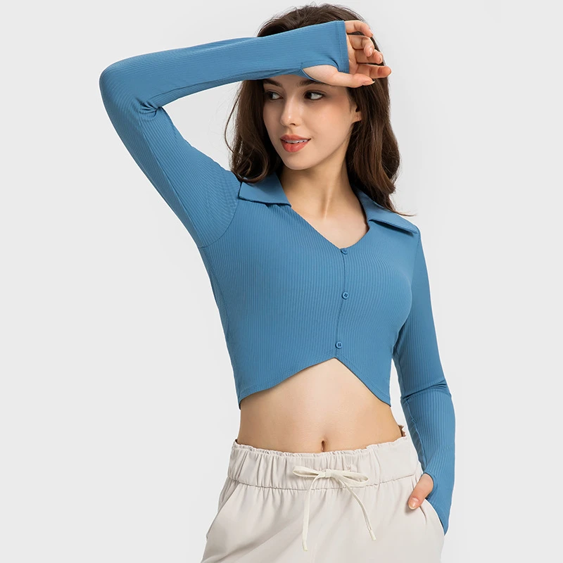 Fashion Sexy Sports Shirt With Padded Soft Skin High Elastic Long Sleeve Knit Rib Sport Bra Top Women Yoga Tops