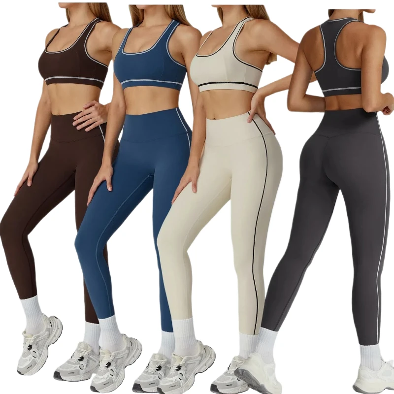 JINSI 2PCS Contrast Color Sports Set Breathable Quick-Drying Gym Yoga Suit Running Sports Bra with Front Logo Stretch Leggings
