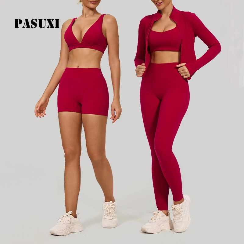 PASUXI Seamless Ribbed 2 Piece Workout Set Women Nylon Spandex Deep V Activewear Scrunch Butt Yoga Bra Shorts Gym Wear