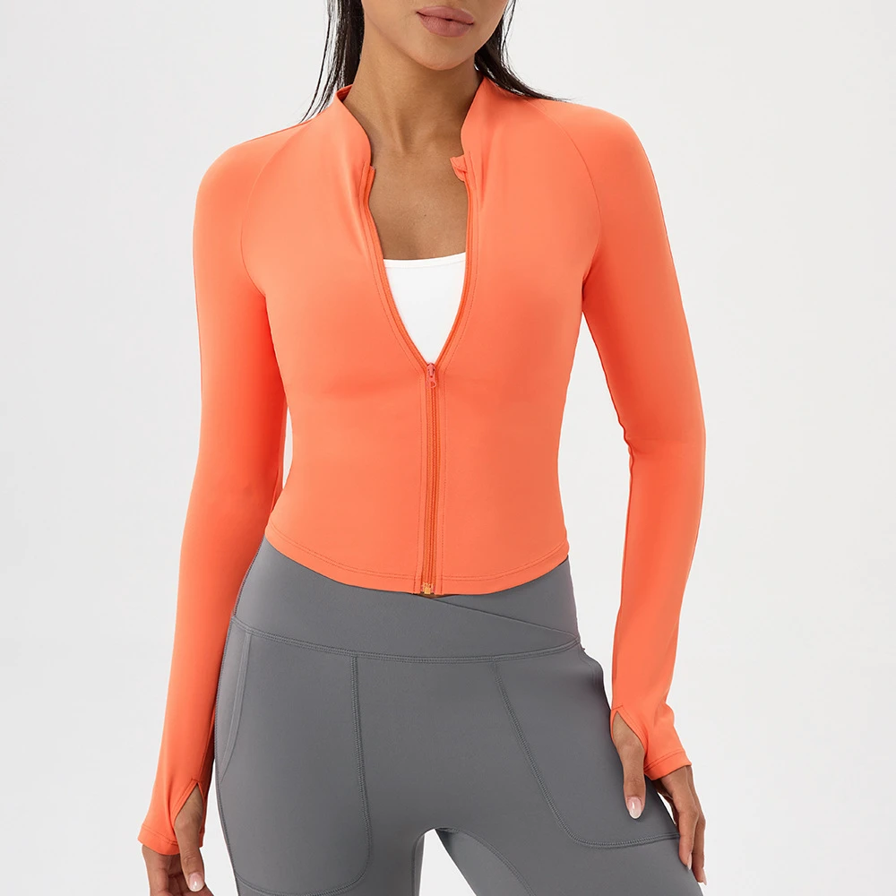 Women's Nude Skin Fitness Top Stand-Up Collar Zipper Closure Slim-Fit Design Long Sleeves Four-Way Stretch Spandex/Polyester