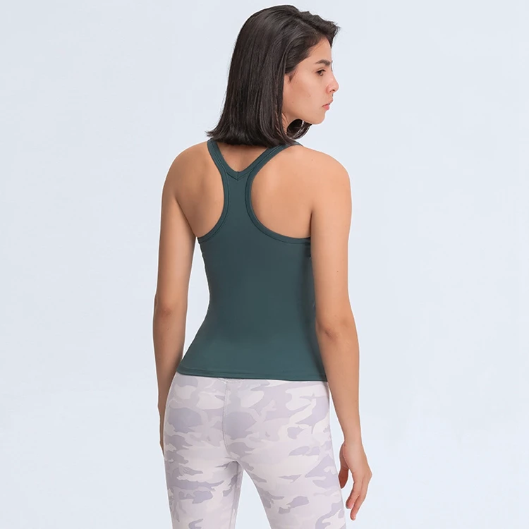 Women's Sleeveless U Neck Tight Gym Wear High Stretchy Padded Racerback Yoga Long Top