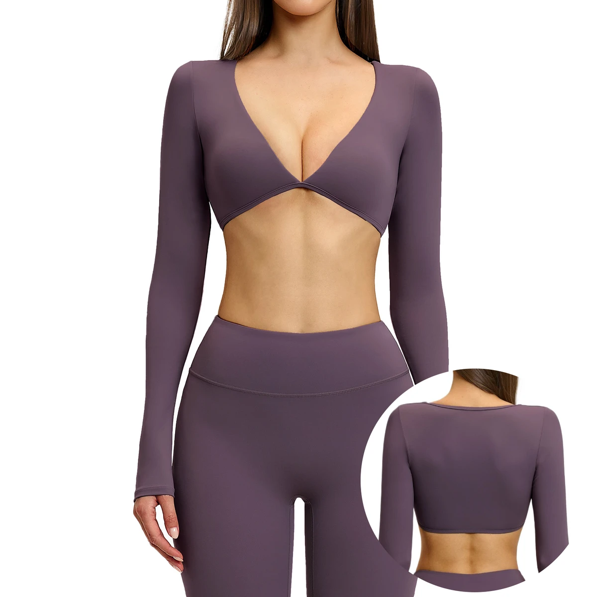 Women's Nude-Feel Casual Yoga Long-Sleeve V-Neck Cropped Sports Top Outdoor Fitness Running Long-Sleeve T-Shirt