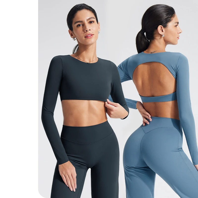 Back Hollow Breathable Yoga Wear Long Sleeve Spandex/Nylon Skinny Fit Running Training Fitness Sportswear Top