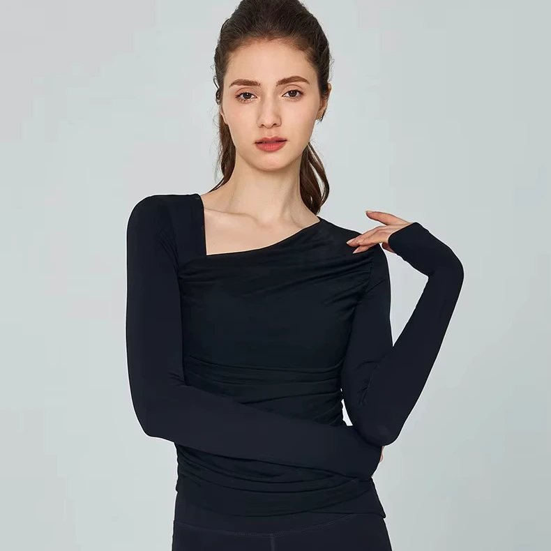 Slant Collar Yoga Long-sleeved T-shirt for Women Mesh Splicing With Chest Pad Sports Tops Fashionable Slim Fitness Tops