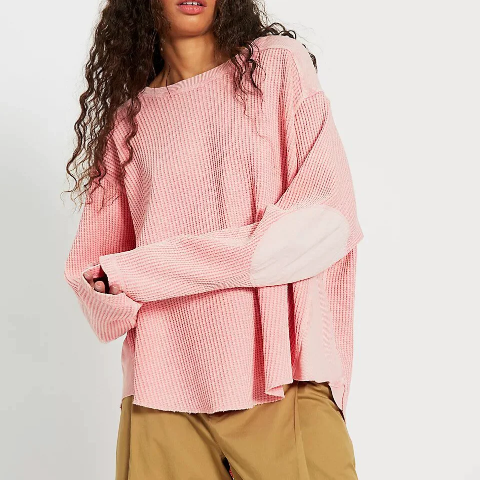 Custom Women's Waffle Knit Crew Neck Long Sleeve Top Loose Fit Casual Base Layer Loungewear Shirt Manufacturer
