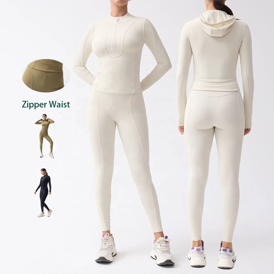 YIYI Wholesale High Stretchy Comfortable Workout Sets Girls Half Zipper Quick Dry Ski Suit Breathable Ribbed 3 Piece Yoga Set