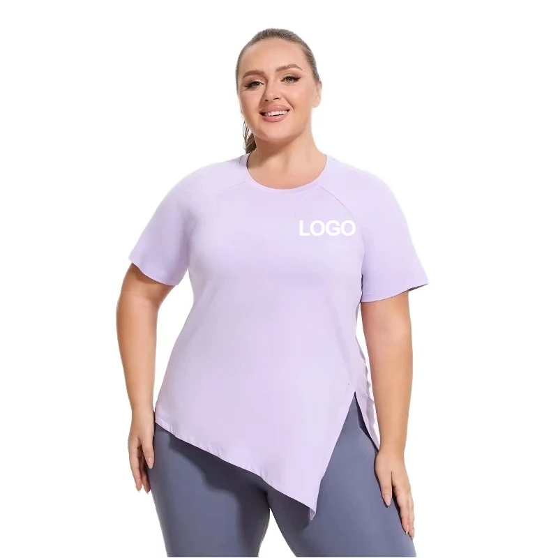 Support Custom logo Plus Size Women's Yoga Top Short-sleeve T-shirt Split Hem Loose Workout Shirt for Running Pilates Gym
