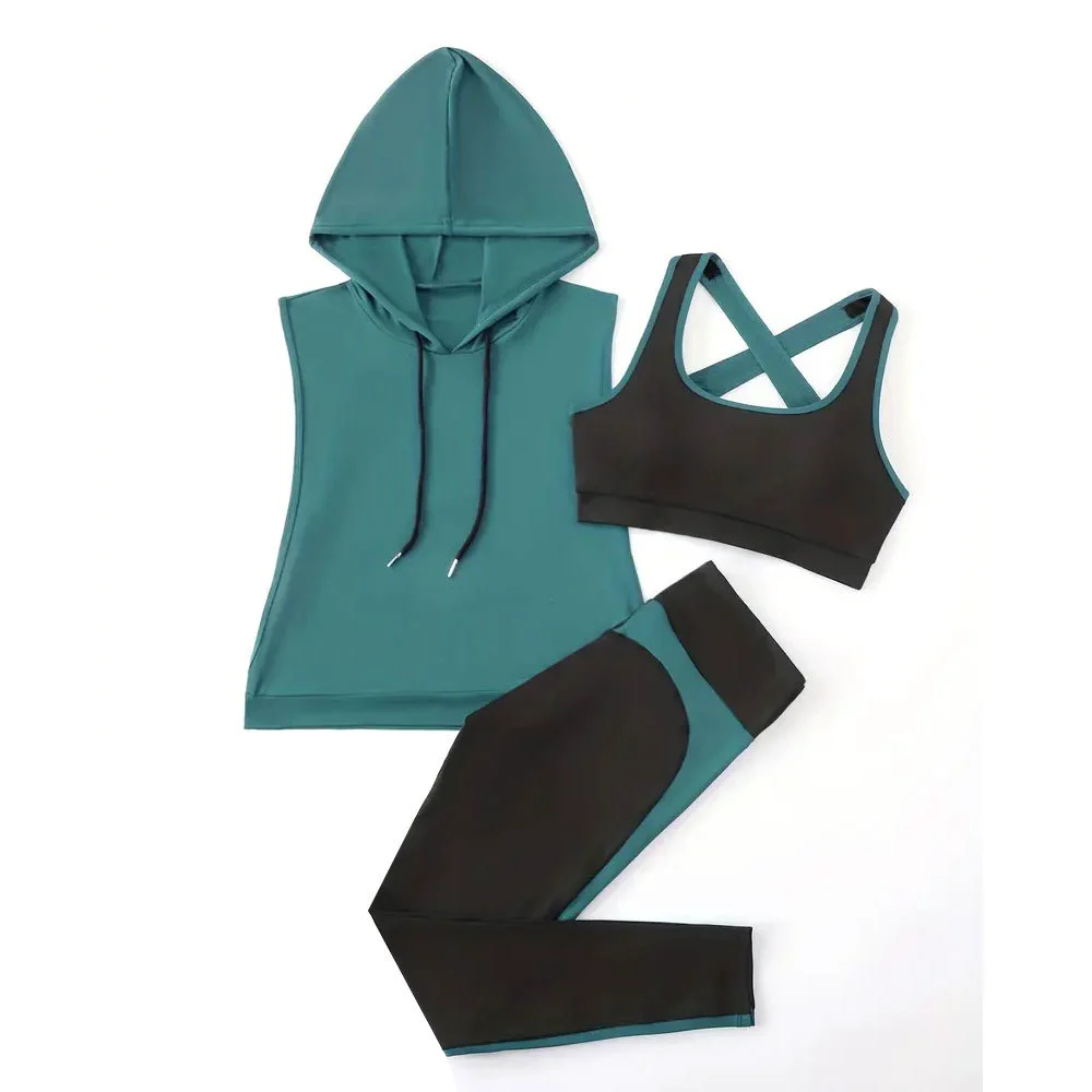 Wholesale Excellent Quality Reversible Solid Plus Size Yoga Sports 2-Piece Set Full Zipper Top & Mid-Waisted Leggings Front Logo
