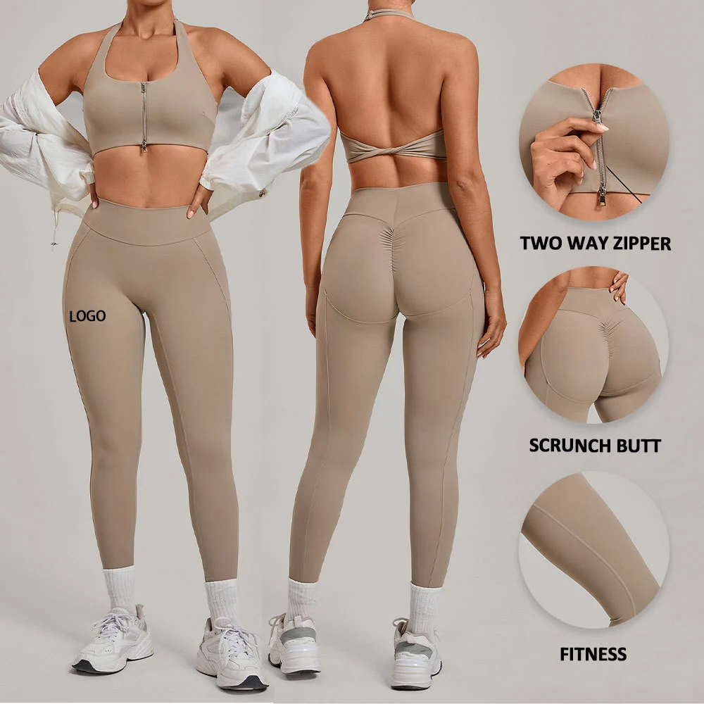 Women's 2 Piece Workout Set Zip Front Halter Sports Bra Scrunch Butt High Waist Leggings High Stretch Gym Yoga Activewear