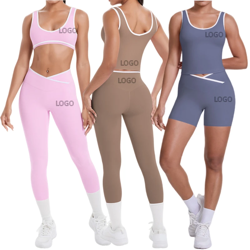 Custom LOGO Cross High Waist Sports Suit for Women Contrasting Colors Nude Tight Fitting Yoga Suit Quick Drying Breathable
