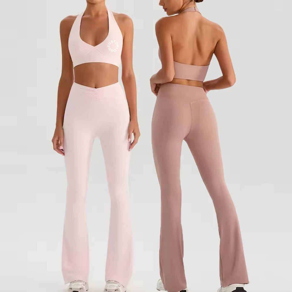 OEM Custom Logo Comfortable Smooth Halter Backless Sports Bra And Ruched High Waist Flared Pants Workout Fitness Women Yoga Sets