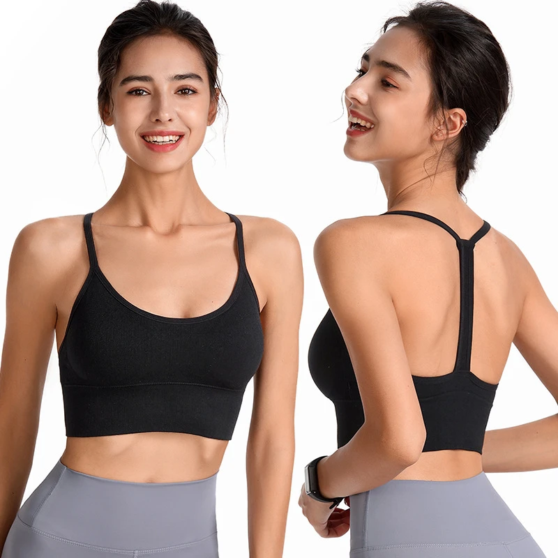 Backless Strapless Yoga Sports Bra U-NECK Breathable Front Logo Medium Support Seamless Spandex/Nylon Removable Chest Pad for
