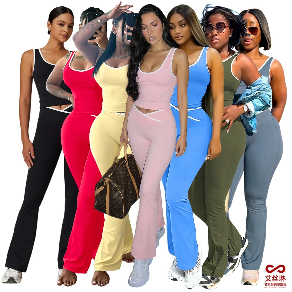 CN693 Cross Border European And American Fashion Design Label Sports Tank Top Women's High Waist Drawstring Wide Leg Pants Set