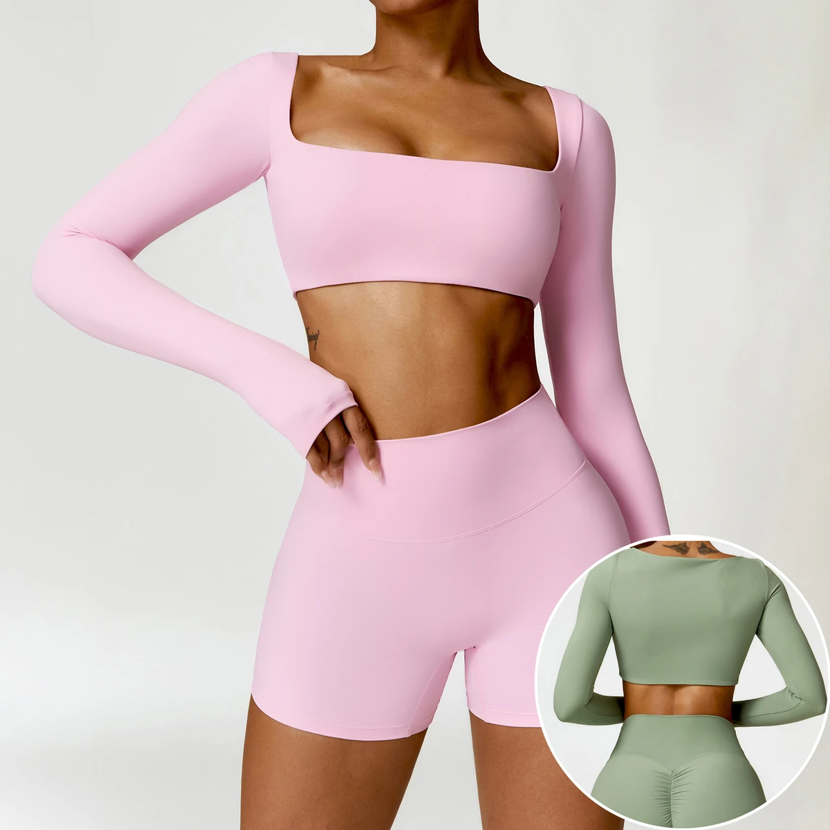 Nude Tight Yoga Set High Waist Quick Dry Running Sports Long Sleeved Clothing Two Piece Set