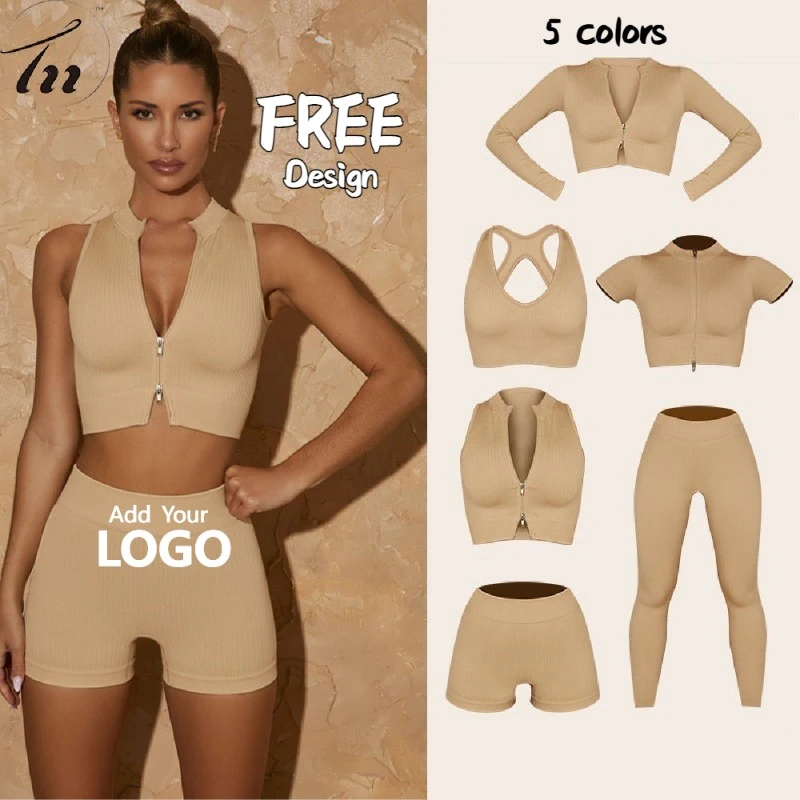Women's Long Sleeve Yoga Sets Sexy Ribbed Active Wear Gym Workout Suits with Seamless Zip Front 6-Piece Fitness Outfits