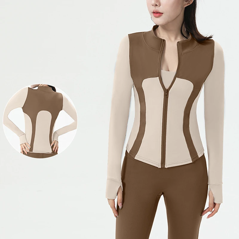 Factory Direct Women's Slim Fit Color Block Yoga Jacket Highly Elastic Zip-Up Long Sleeve Workout Top for Sports Fitness Pilates