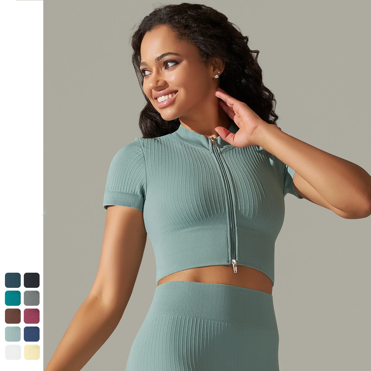 Women's Lightweight Seamless Knitted Collar Zipper T-shirt Solid Color Sports Running Fitness Yoga Top Short Sleeve Breathable
