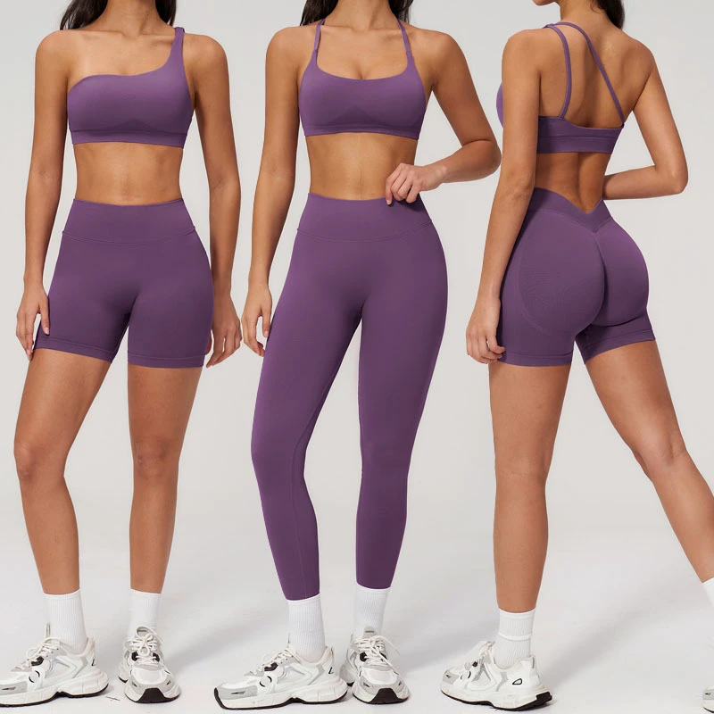 Hot Selling Women Yoga Seamless 4 Pieces Set Breathable Sports Bra V Shape Back Scrunch Butt Bottoms Fitness Active Gym Wear Set
