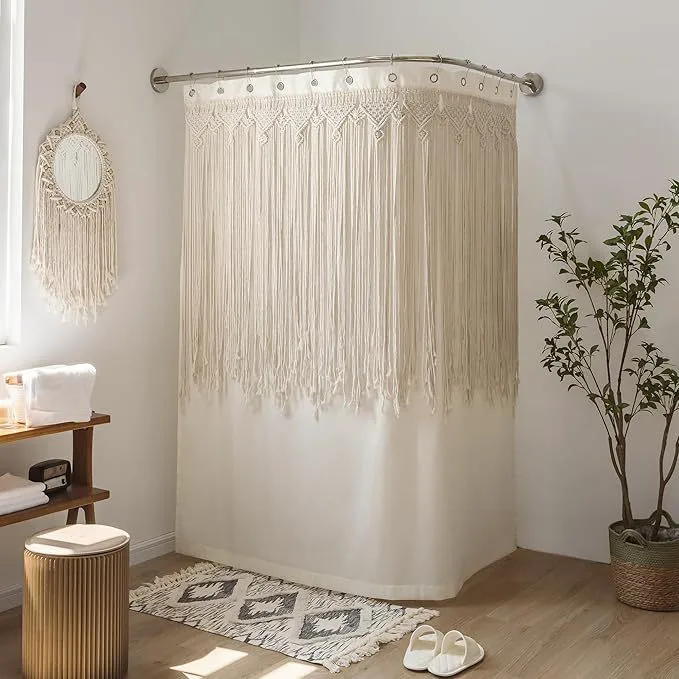 Floor to ceiling macrame bohemian curtains for extra tall windows crafted with attention to detail and soft rope