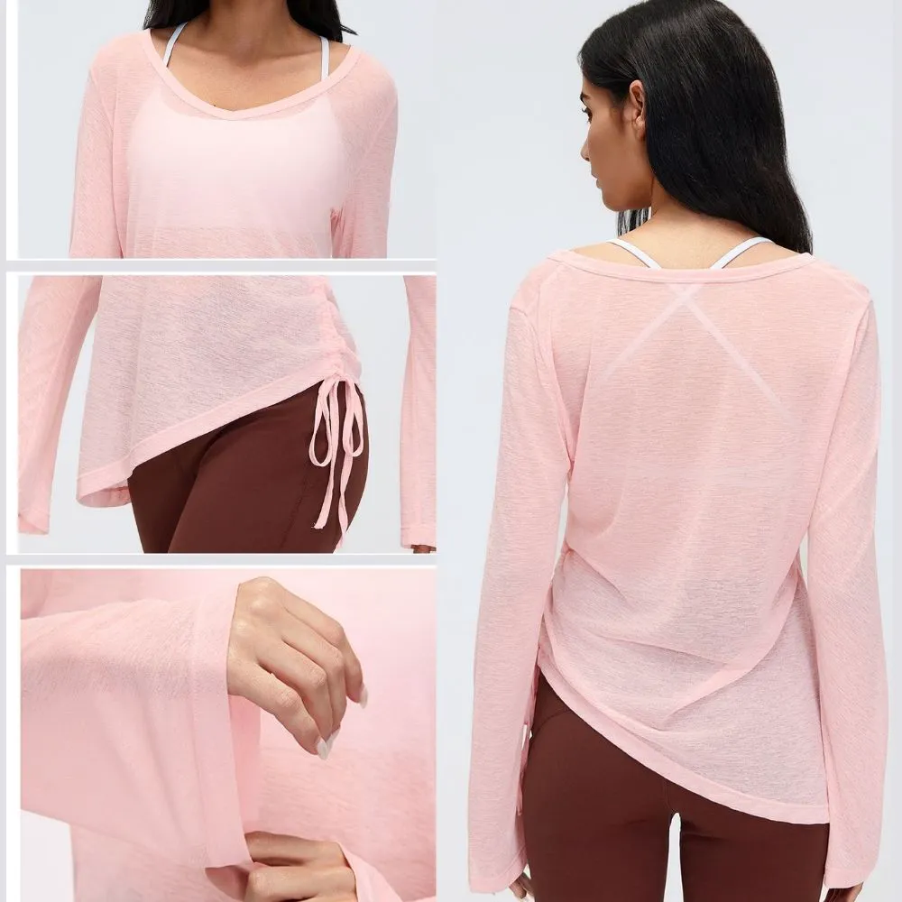 Loose Fit Long Sleeve Cover up Women V Neck Drawstring Waist Slimming Yoga Top Casual Gym Training Workout T Shirt Soft Stretchy