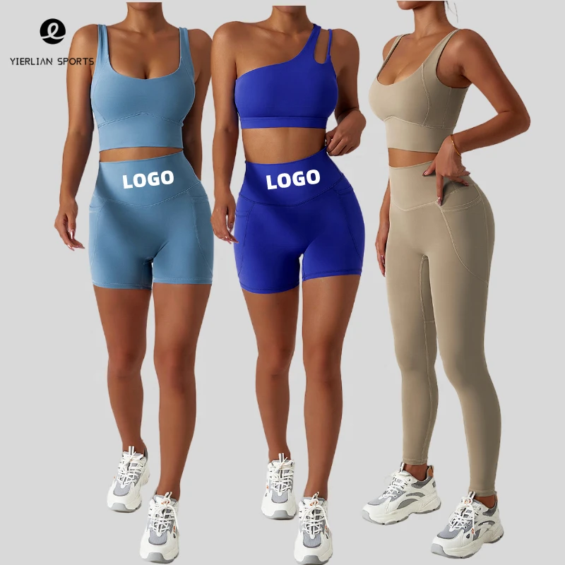 Custom Spring Breathable Yoga Sets Leggings Shorts Sports Gym Workout Fitness Bra Set Yoga Push up Wear With Pockets