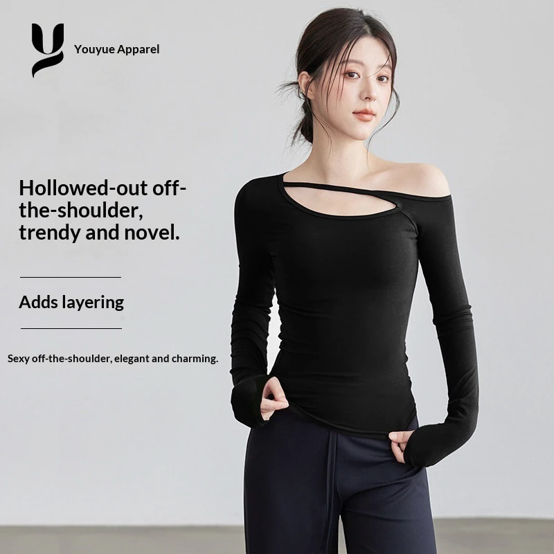 2026 New Yoga Fitness Long-sleeved Hollow Solid Color T-shirt Autumn Slant Collar Inner Shoulder Top Women's Nylon Spandex